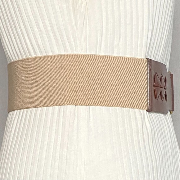 Beige Elastic Cinch Belt Brown Bonded Leather Ends Hook Buckle - Picture 3 of 9